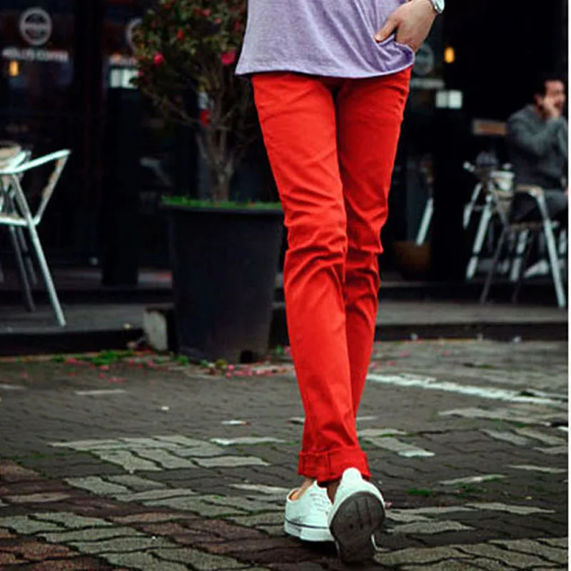 

Idopy Fashion Mens Korean Style Colored Skinny Jeans Red Classic Cool Slim Fit Pencil Pants For Male