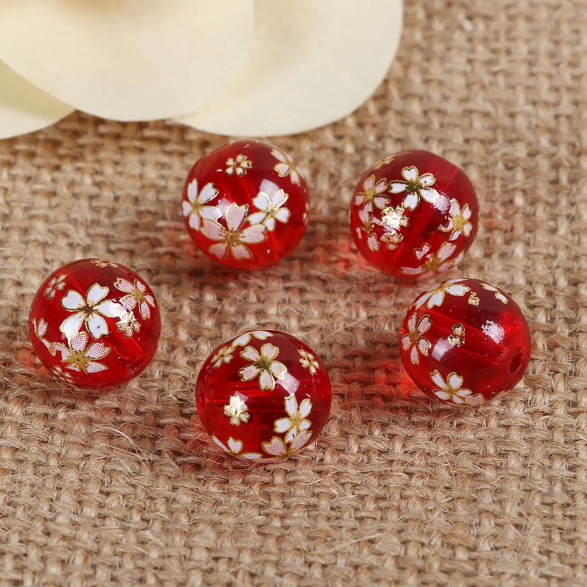 Glass Japan Painting Vintage Japanese Tensha Beads Round Coffee & Pale Lilac Rose Flower Pattern Transparent 12mm 5 PCs