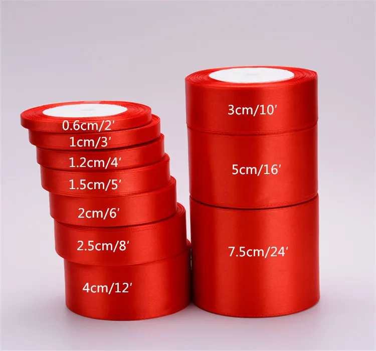 Hot (25 Yards/roll) 6/10/15/20/25/40/50mm Red Color Single Face Satin Ribbon Handmade DIY Material Gift Wrapping Christmas tape