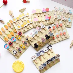 10 Pcs /Pack Cartoon Wooden Paper Clip Bookmark Album with Rope Message Stickers Decorations Paper Photo Clips Craft Decoration