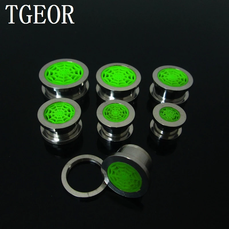 BODY JEWELRY GREEN acrylic spider web screw on ear tunnel gauges 1pcs surgical Stainless Steel Flesh Tunnel HIGH QUALITY FREE