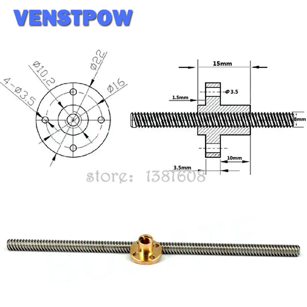 1PC Stainless Steel T8 Lead Screw Pitch 2MM Lead 4MM Length 100/200/300/400/500/600mm with Brass Copper Nut for 3D Printer