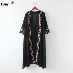 Fashion Women 2022 Geometric Embroidery Ethnic Shirt Cardigan summer sunscreen Kimono Chiffon Maxi Blouses Female