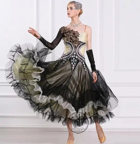 

customize black adult Ballroom Fox trot Quick step tango Modern tango Waltz competition Dance Stage Dance Dress