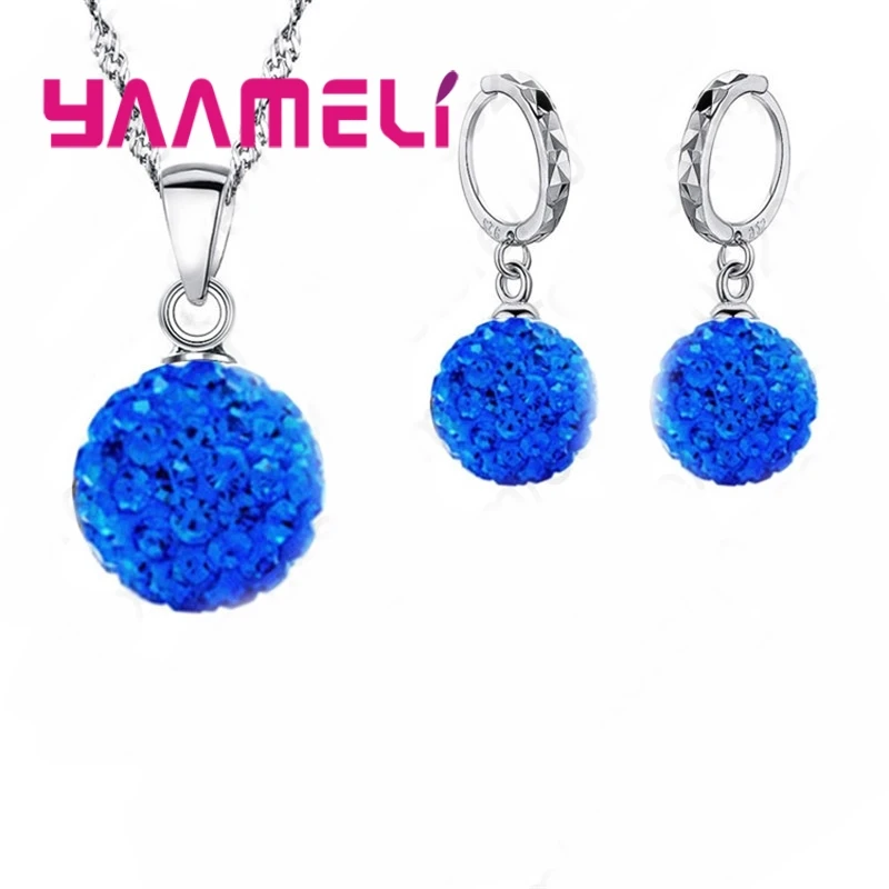 10 Colors Factory Price 925 Sterling Silver Jewlery Sets Micro Paved Crystals Round Ball Necklace Earrings For Women