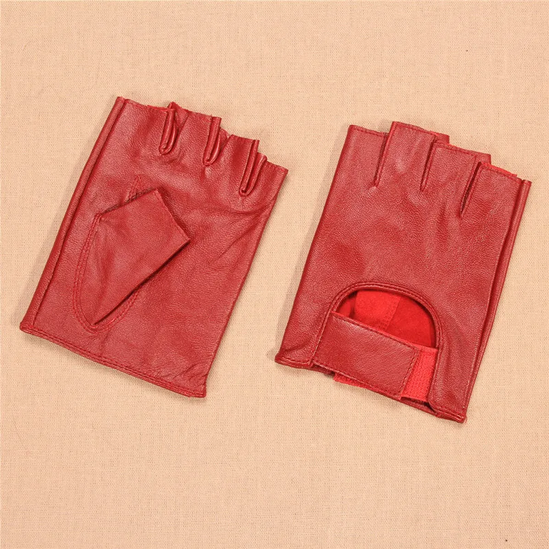 Women Gloves Red Half Finger Genuine Leather Glove Dance Driving Semi-Finger Short Style Free Shipping  JT905