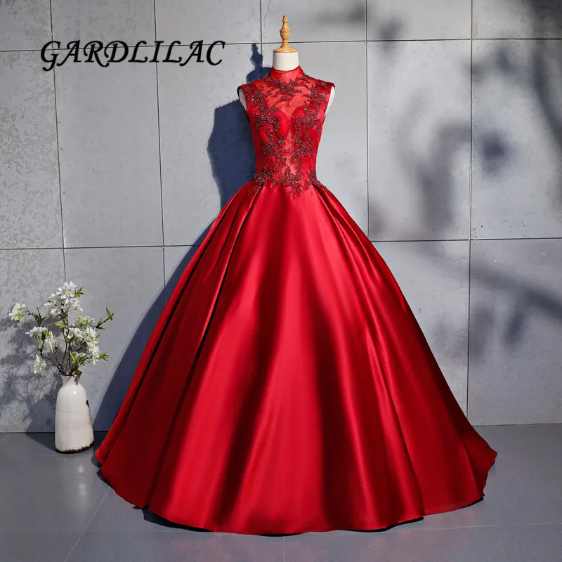 

2019 High Neck Satin Beaded Wedding Dresses Red Satin Ball Gown Sweet 16 dresses vestido de noiva Robe de mariee G096