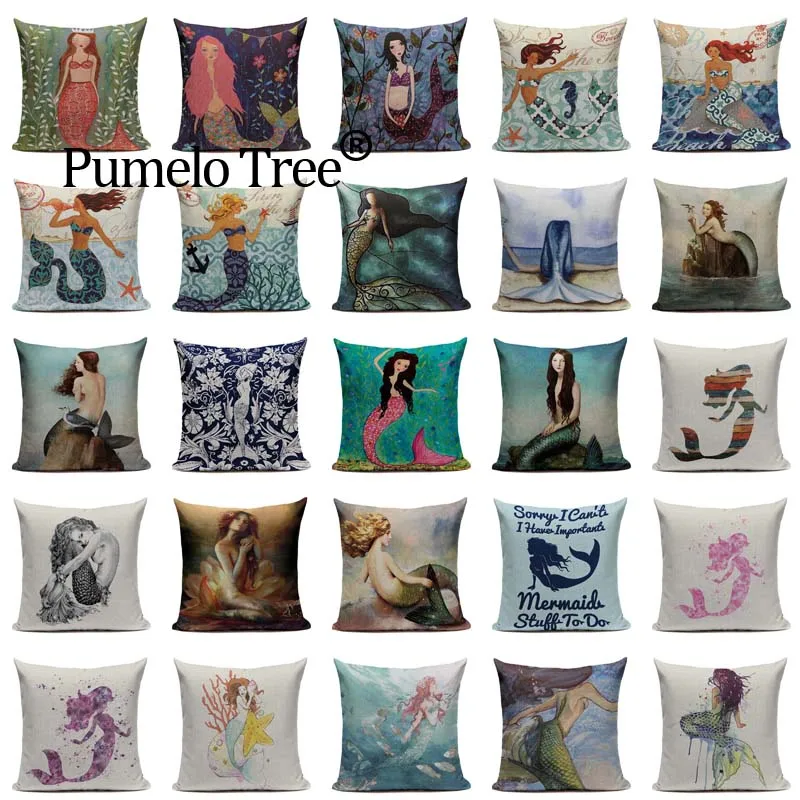 Cartoon Mermaid Cotton Linen Pillowcase Pillow Cover Ocean Style Chair Seat and Waist Square 45x45cm Cushion Cover Home Living