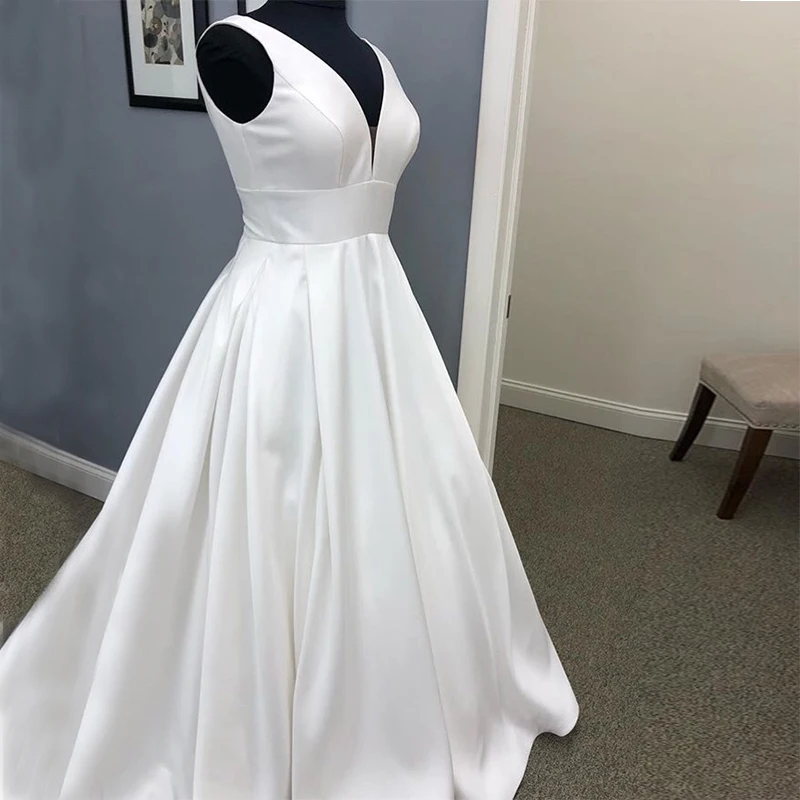 Vestidos de novia de corte en A, Simple, blanco, marfil, satinado, bohemio, con cremallera trasera, tren, hecho a medida, imagen Real