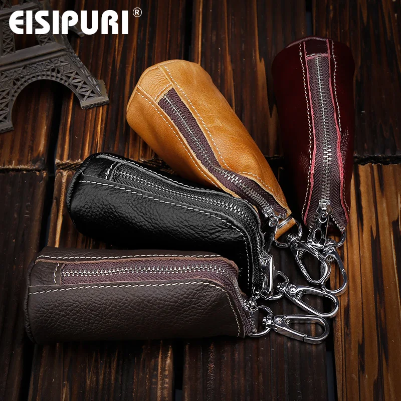 EISIPURI 2018 Key Holder Wallet 100% Genuine Leather Unisex Solid Key Wallet Multi Function Key Case With Key Rings Wallet