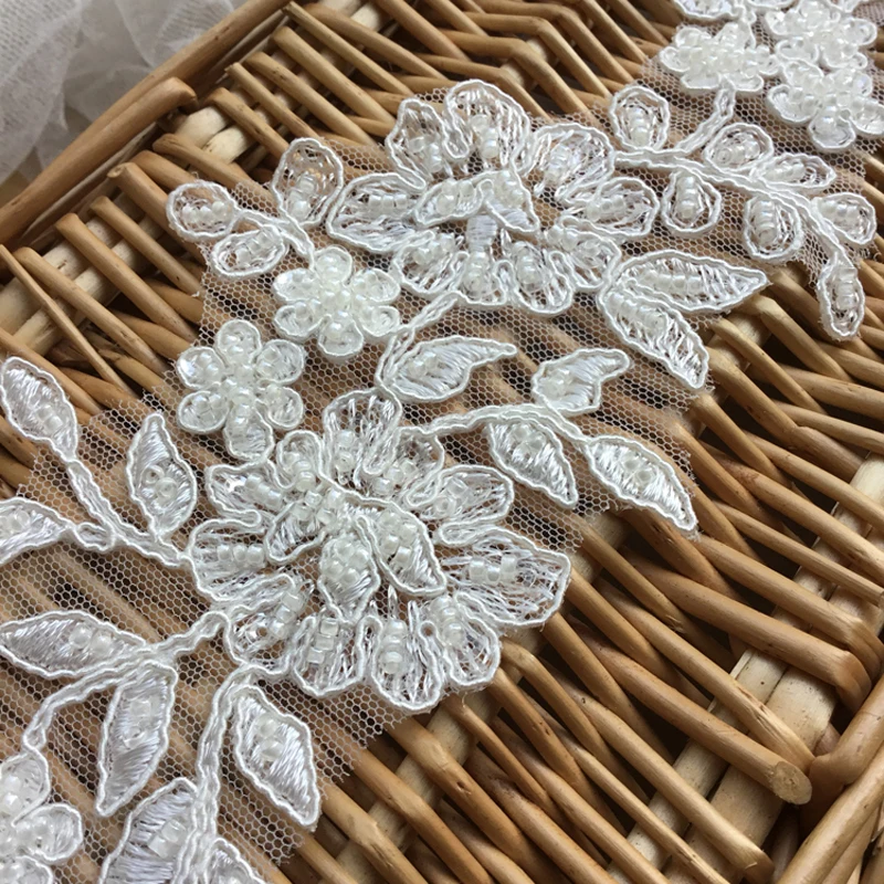 Ivory Tulle Lace Fabric with Pearl Beads, Flower Applique, Floral Mesh, Beaded Applique, White Lace Motifs, 4 PCs/Lot