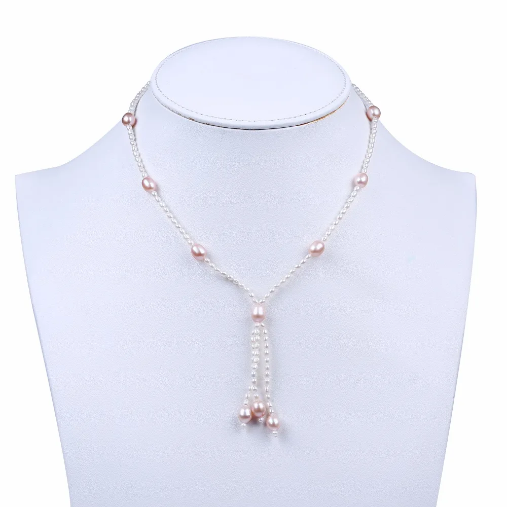 New style genuine real freshwater pearl necklace 3mm white 7mm pink AAA  rice shape pearl necklace tassel pearl necklace