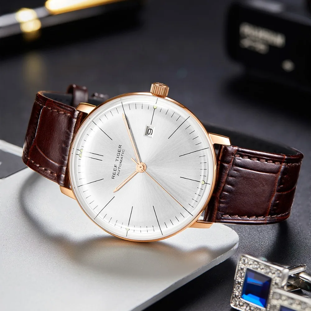 Riff Tiger/RT Top Band Luxus Kleid Uhr für Männer Braun Leder Rose Gold Automatische Uhr Montre Homme Uhr RGA8215