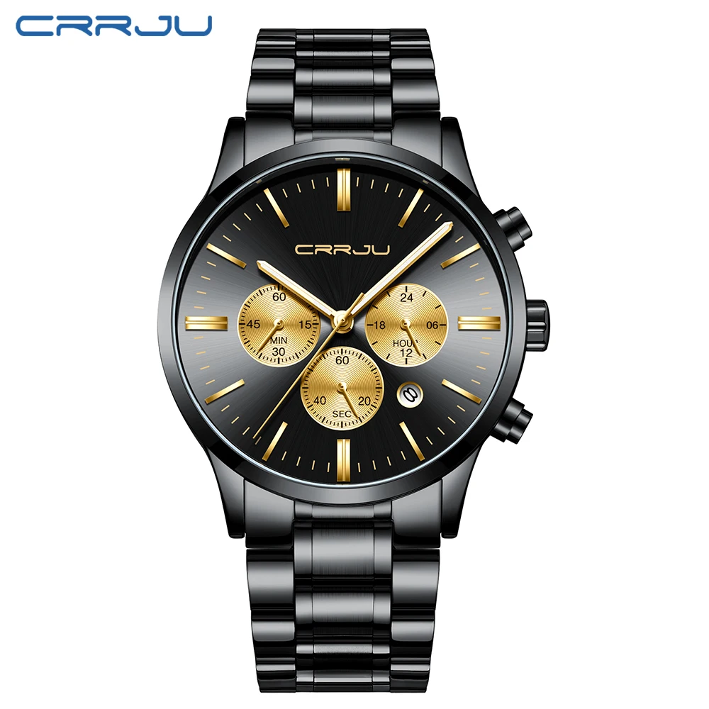 erkek kol saati CRRJU Men Stainless Steel Band Watch Men's Luxury Business Luminous Quartz Wrist Watches Male Date Window Clock