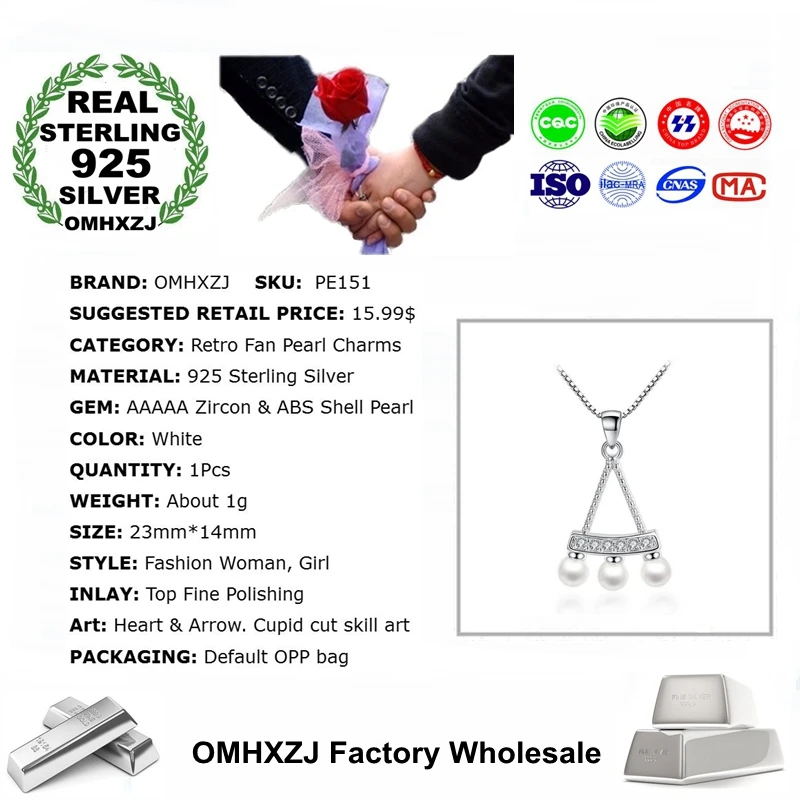 OMHXZJ Wholesale Fashion Elegant Classic Fan OL Woman ABS Shell Pearl 925 Sterling Silver Pendant Charms PE151 NO Chain Necklace