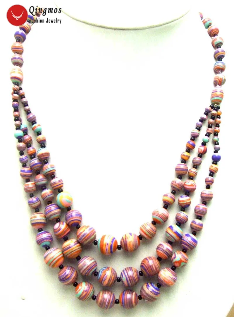 Qingmos 3 Strings Natural Agates Necklace for Women with 4-12mm Round Multicolor Zebra Stripe Agates Necklace Jewelry 20-22