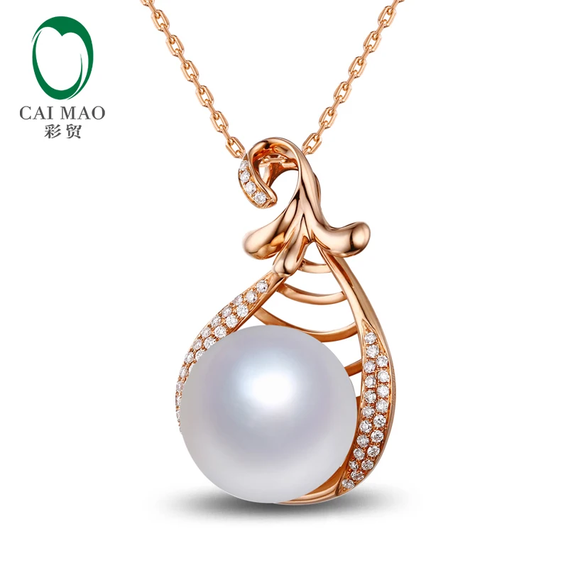 Freshwater White Pearl 14K Rose Gold Diamonds Pendant Caimao Jewelry