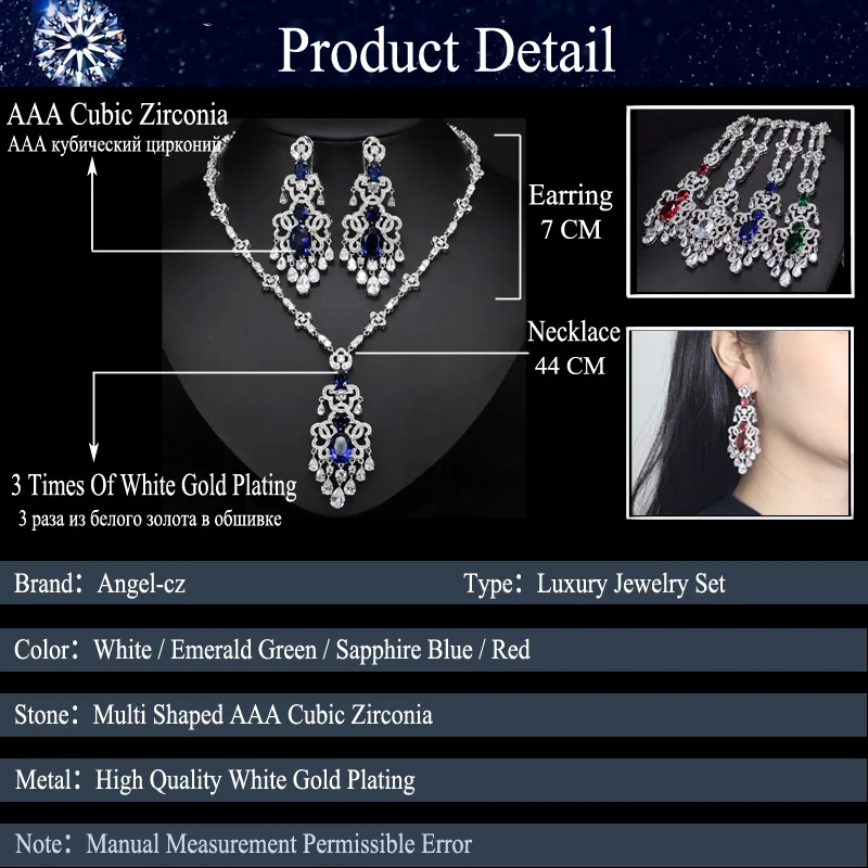 ANGELCZ Nigeria Pernikahan Desain Perhiasan Blue Cubic Zirconia Laporan Liontin Anting-Anting Kalung Mulia Bridal Set Untuk Wanita AJ064