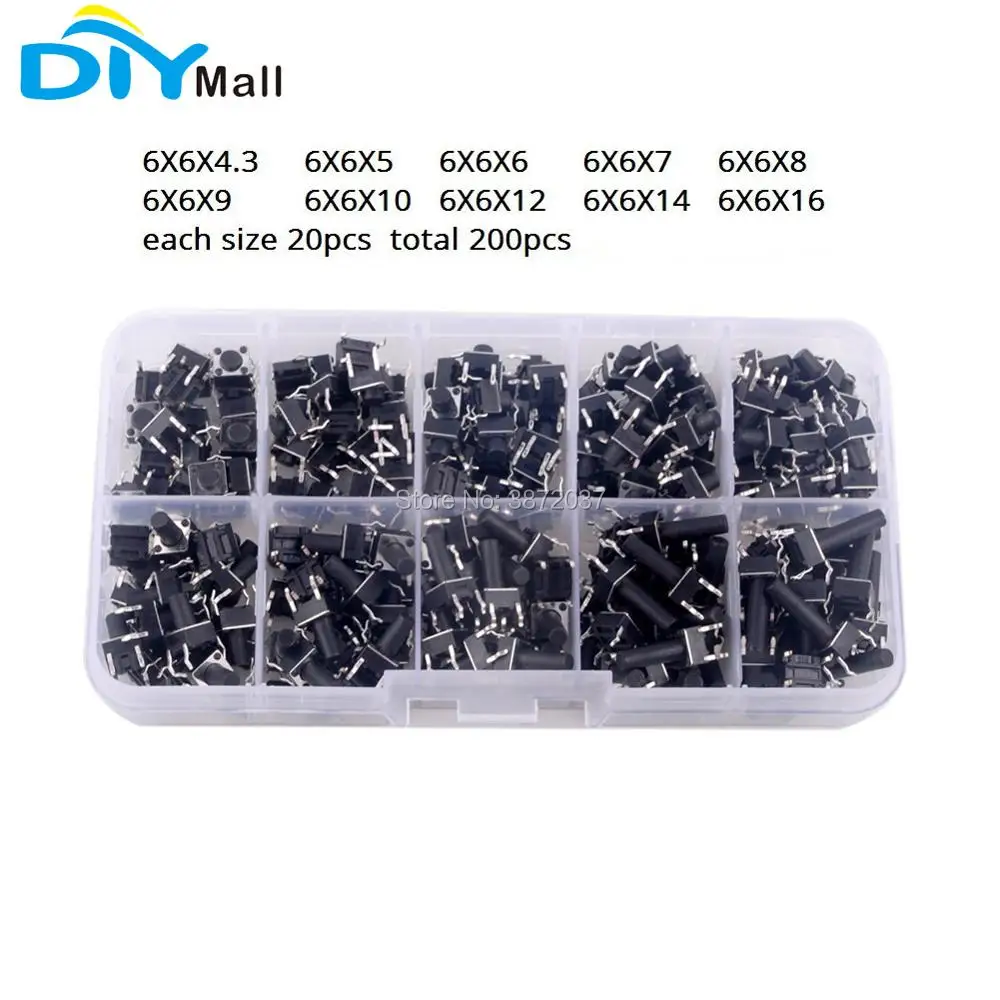 200pcs/set 10Values 6x6mm 10Size Micro Momentary Breadboard Tact Tactile Push Button Switch Assortment Kit with Box for Arduino