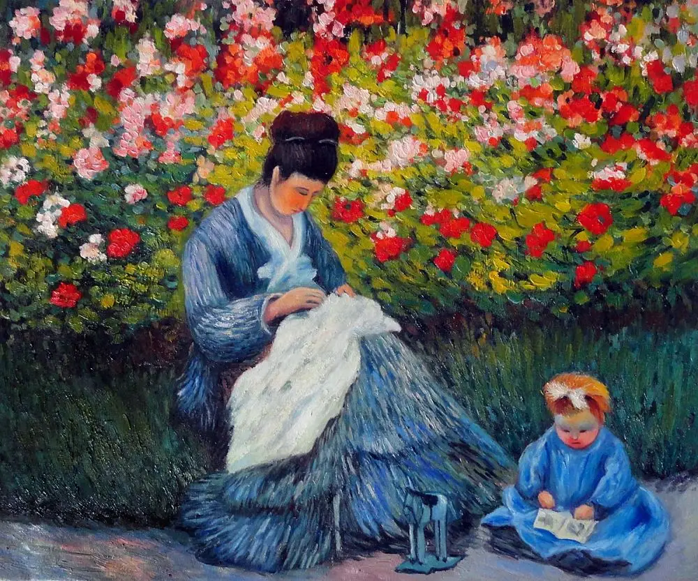 

Camille Monet and a Child in the Artist's Garden in Argenteuil, Handpainted Oil Reproduction, Claude Monet Painting on Canvas