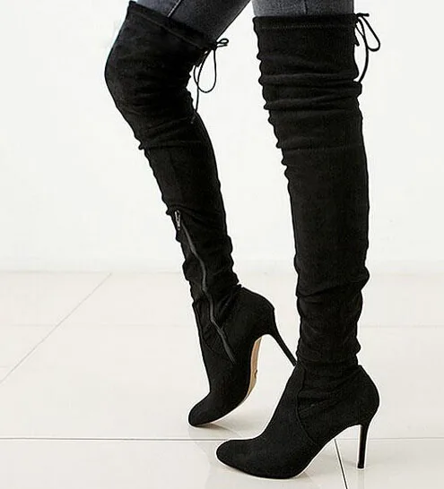 Hot selling over the knee high heel suede women boots  high quality lace-up stiletto heel boots strappy shoes woman free shi