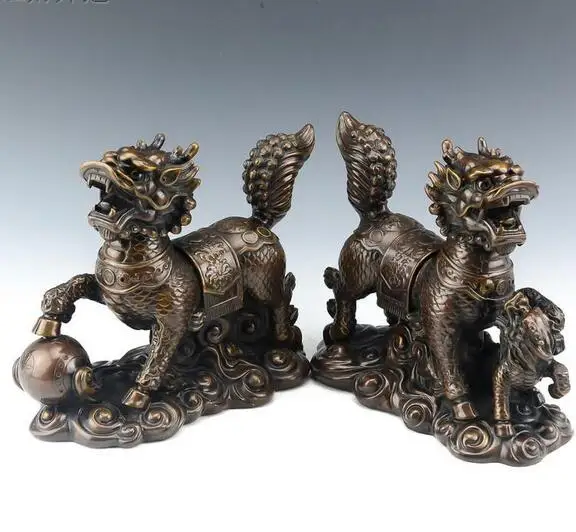 17.5cm Chinese Feng Shui Bronze Carved Guard Evil Dragon Kylin QiLin Beast Statue Pair