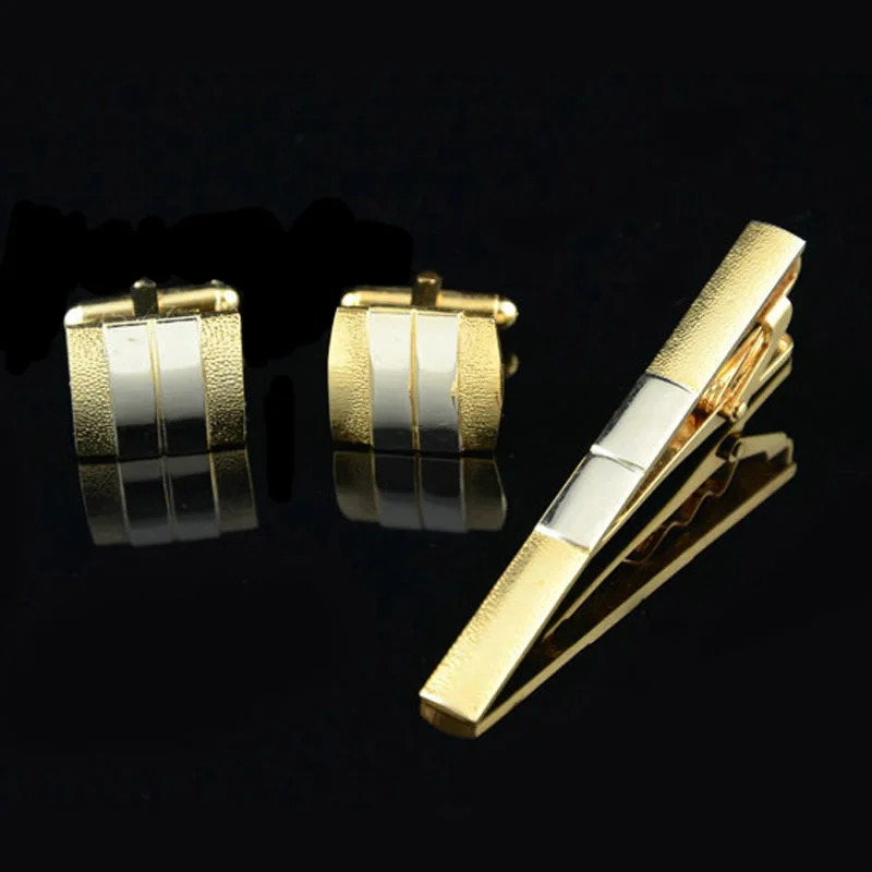 Gold Tie Clip and Cufflink Set For Men Classic Meter Tie Clips Cufflinks Sets Copper Tie Bar Golden Tie Collar Pin Jewelry