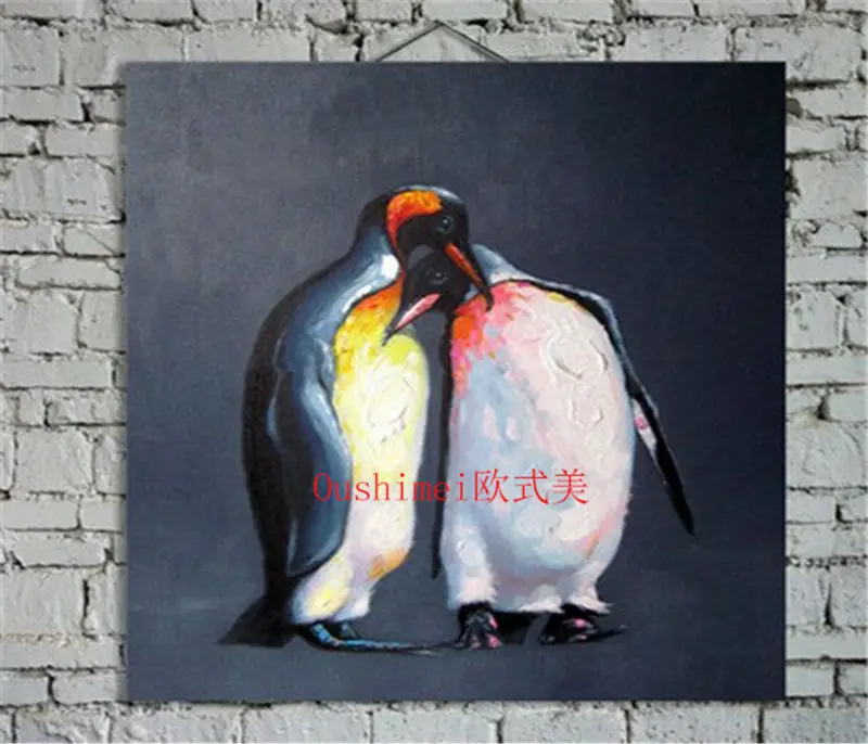 

100% Hand Painted Animals Oil Painting on Canvas Wall Art for Living Room Decor Nestled Close Two Penguin Decoration Pictures