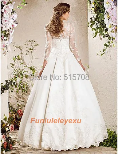 Elegant Ball Gown Long Sleeve V Neck Floor Length Beading Crystal Lace Satin Bridal Gown 2014 Newest Wedding Dress