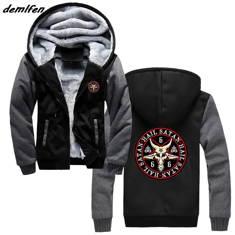 Hail Satan 666 Baphomet Pentagram Devil Wicca Black Magic Print Hoodie Men Thick Zipper Sweatshirt Hip Hop Jacket Tops