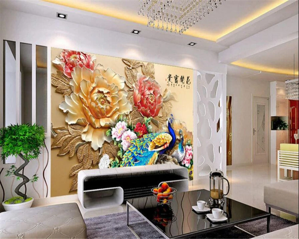 

Beibehang Embossed flower peacock photo wallpaper modern home custom 3D fresco wallpaper bedroom TV background wallpaper mural