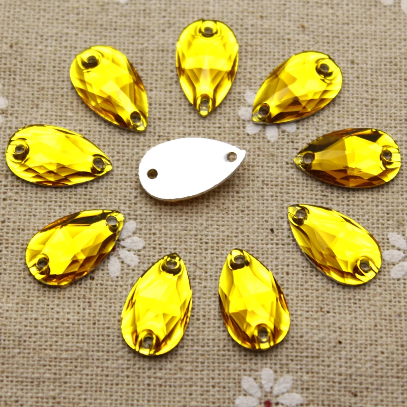 100pcs 10.5*18mm  Sew on Rhinestones Gold Yellow Waterdrop jewelry findings Resin Flatback Sewing Crystal 2 holes For Garment