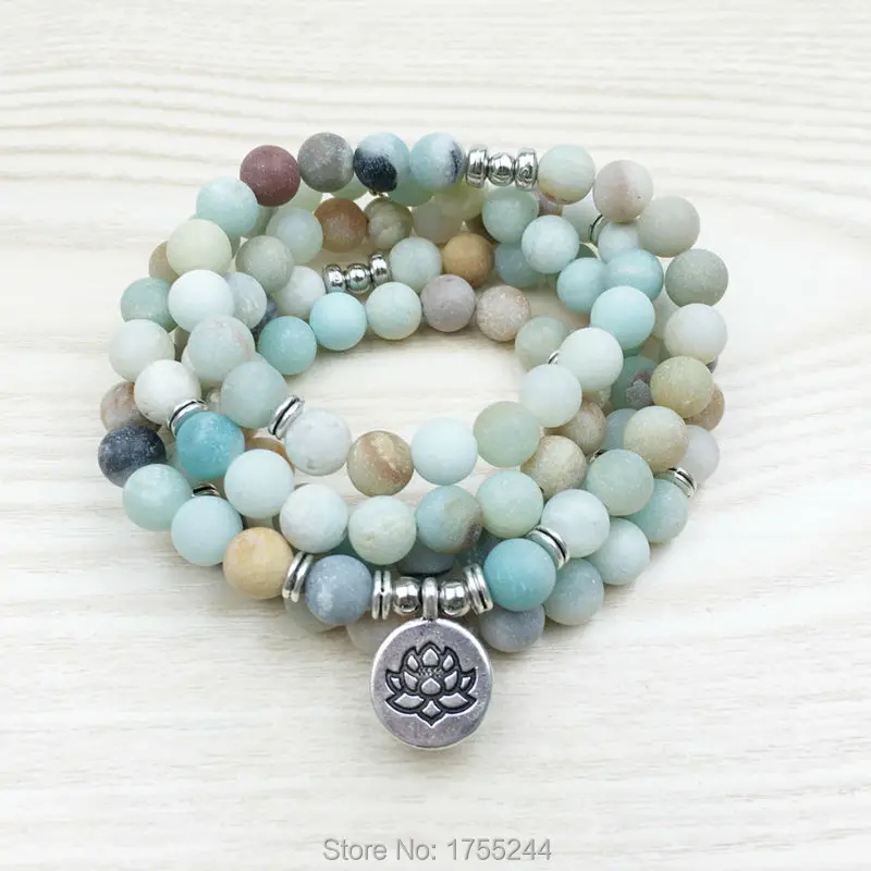 

SN1142 Fashion Women`s 8 mm Matte Amazonite 108 Mala Beads Bracelet or Necklace Lotus Buddha Ohm Charm Bracelet