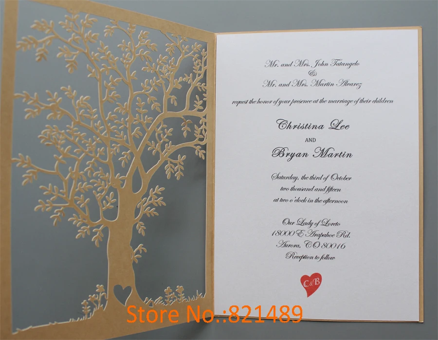 Fall Tree Wedding Invitation, Heart Wedding Invitation - Set of 50