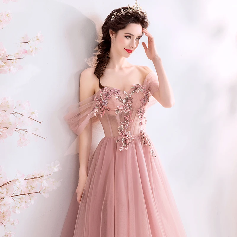 Romantische Off De Schouder Lange Prom Jurken A-lijn Fairy Rode Bonen Poeder Formele Party Dress 2019 Hot Koop Vestidos De prom Jassen