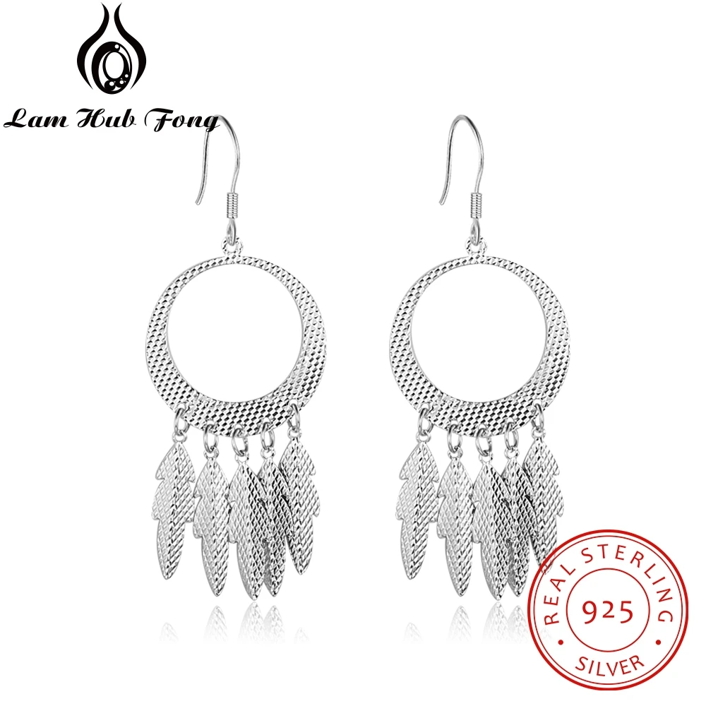 925 Sterling Silver Long Circle Earrings with Leaves Tassel Fine Jewelry Gift Statement Earrings for Women Wife (Lam Hub Fong)