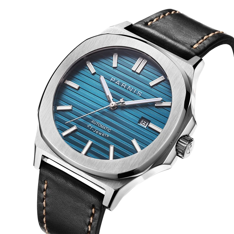 Fashion Parnis 42mm Blue Dial Mechanical Watches Automatic Men Leather Strap Calendar Watch reloj automatico de hombre 2023 Gift