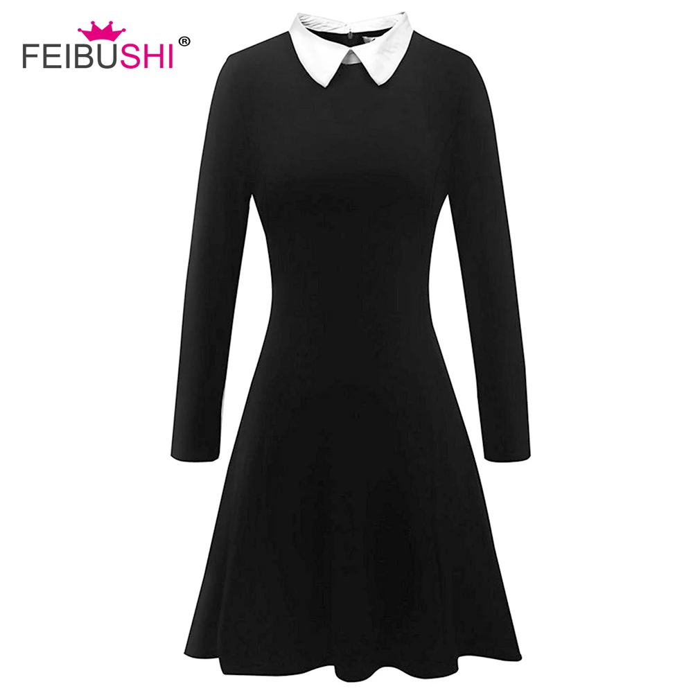 

FEIBUSHI Black Dress Winter Cute Peter School Preppy Style Dresses Long Sleeve Brand White Pan Collar Ladies Office Vestidos