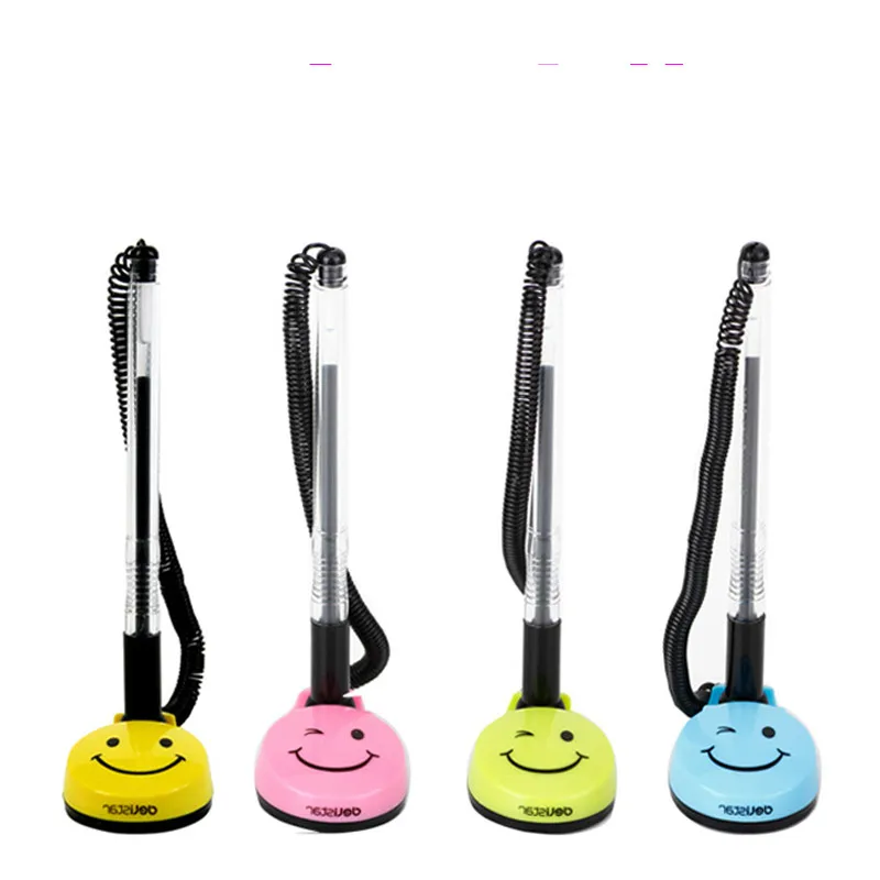 

4pcs/set Good Lovely Smile Pasted with Desktop Counter Rope Pen Bank Signature Black Ink Counter Desk Pen for Office Supplies