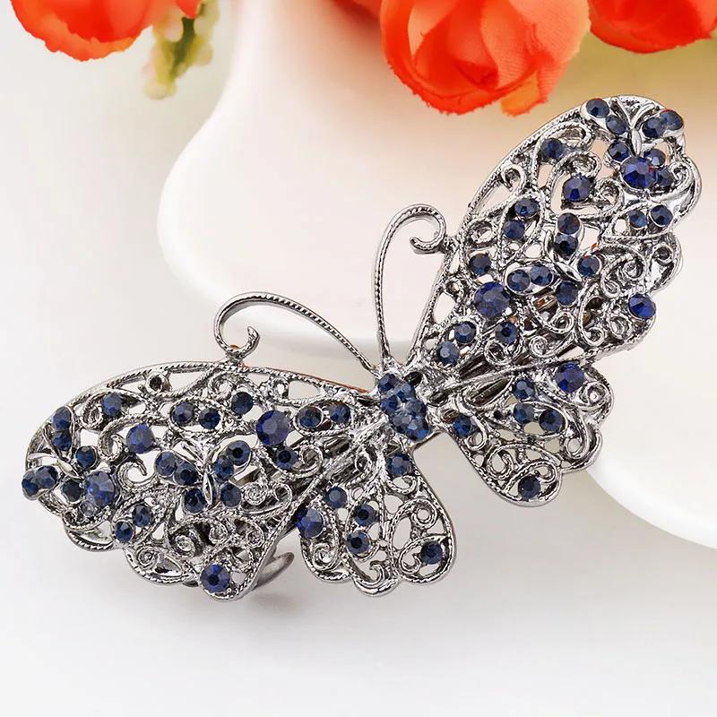 EASYA 2022 Women Girls Retro Butterfly Hair Jewelry Vintage Blue Crystal Barrettes Clips For Hairdressing