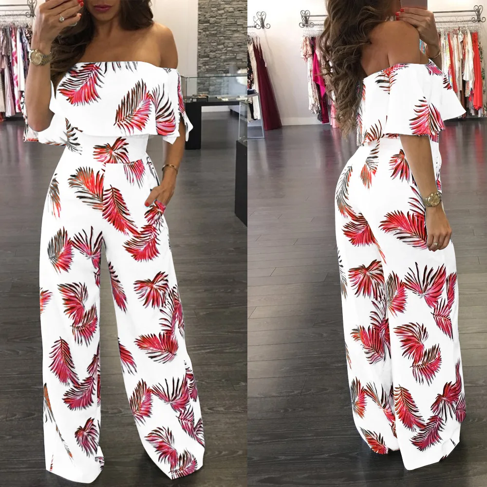 Hot Sell 2019 New Sexy Off Shoulder Floral Print Spandex Jumpsuit Boho Style Party Beach Jumpsuit Holiday Romper Overalls