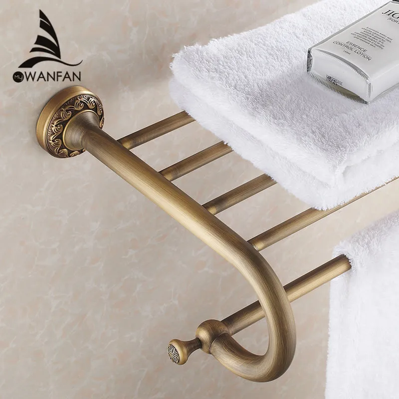 Bathroom Shelves Antique Solid Brass Wall Shelf Towel Rack Bath Rails Hanger Storage Bathroom Accessories Towel Bars Holder 3712