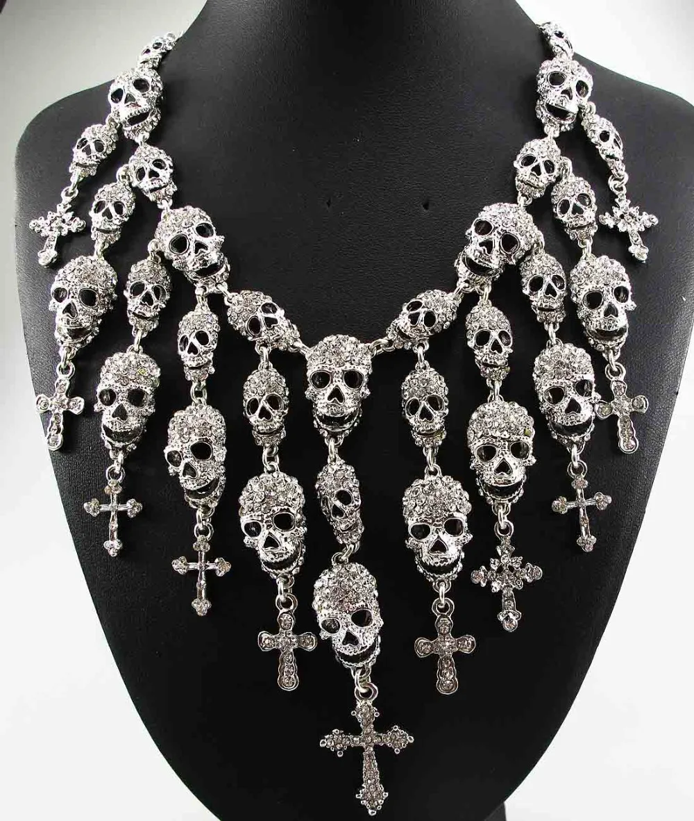 YaYi Jewelry Fashion Skeleton Skull Cross Crystal Department Statement Women Choker All Saints' Day Gift Necklaces Pendants