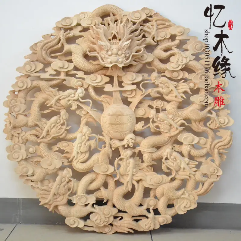 Dongyang woodcarving circular pendant Antique Chinese style decoration entrance wall hollow basswood Kowloon wall map