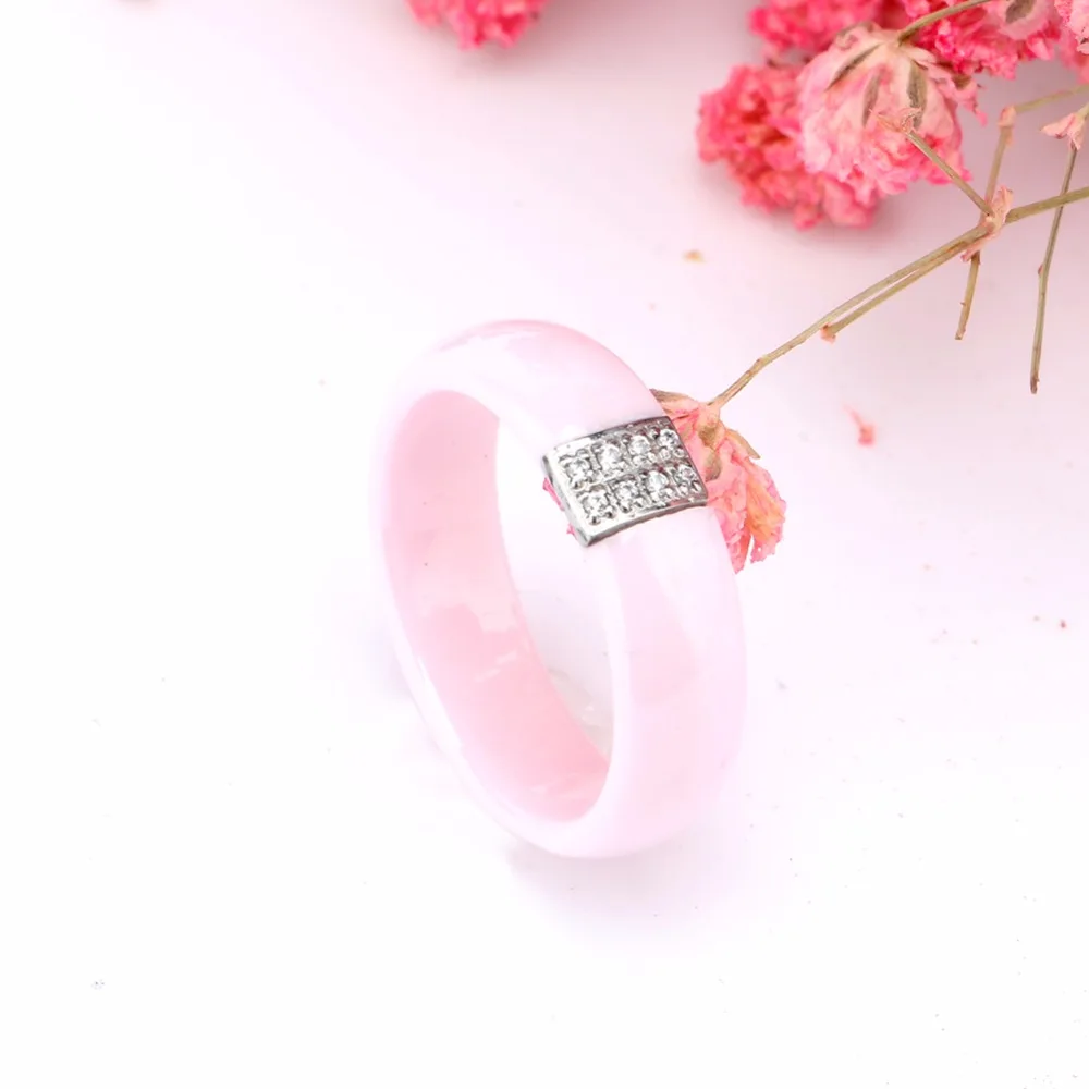 Hot Sale Pink Ring Women Stainless Steel Silver Plated Pink Ceramic Ring 6mm Natural Stone Brand Ring For Women Anniversary Gift