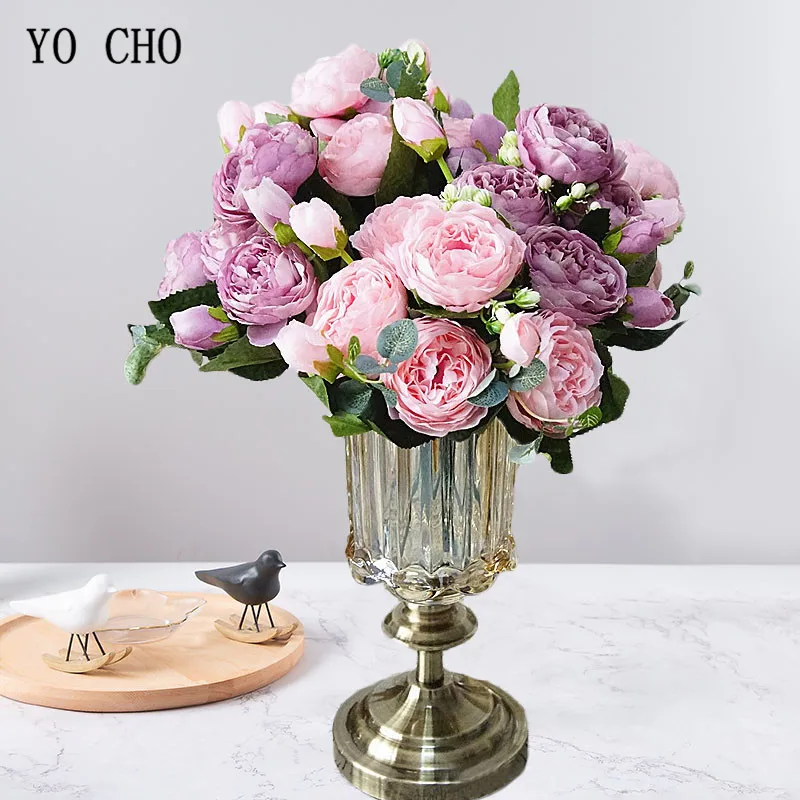 YO CHO 5 Heads Roses Artificial Flowers White Peonies Pink Silk Flowers Fake Roses Peony Bouquet Wedding Decor for Home Flowers