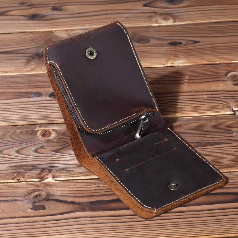 남성용 지퍼가 달린 빈티지 가죽 지갑, 동전 주머니, 수제 짧은 가죽 지갑, 크리에이티브 디자인, 2018 신제품