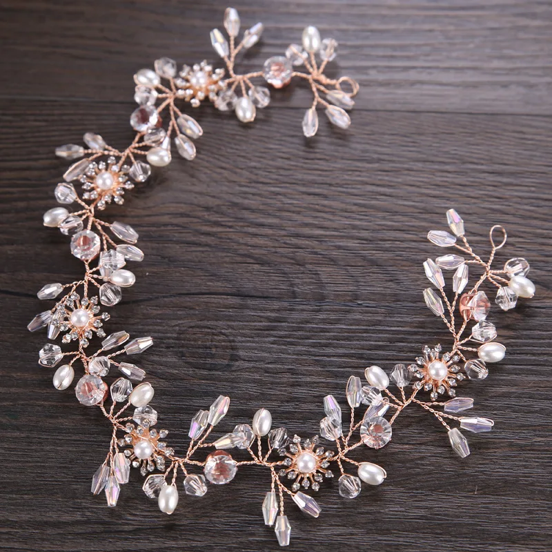 KMVEXO Gorgeous Rose Gold Color Rhinestones Crystals Pearls Flower Wedding Headband Bridesmaid Bridal Hair Vine Hair Accessories