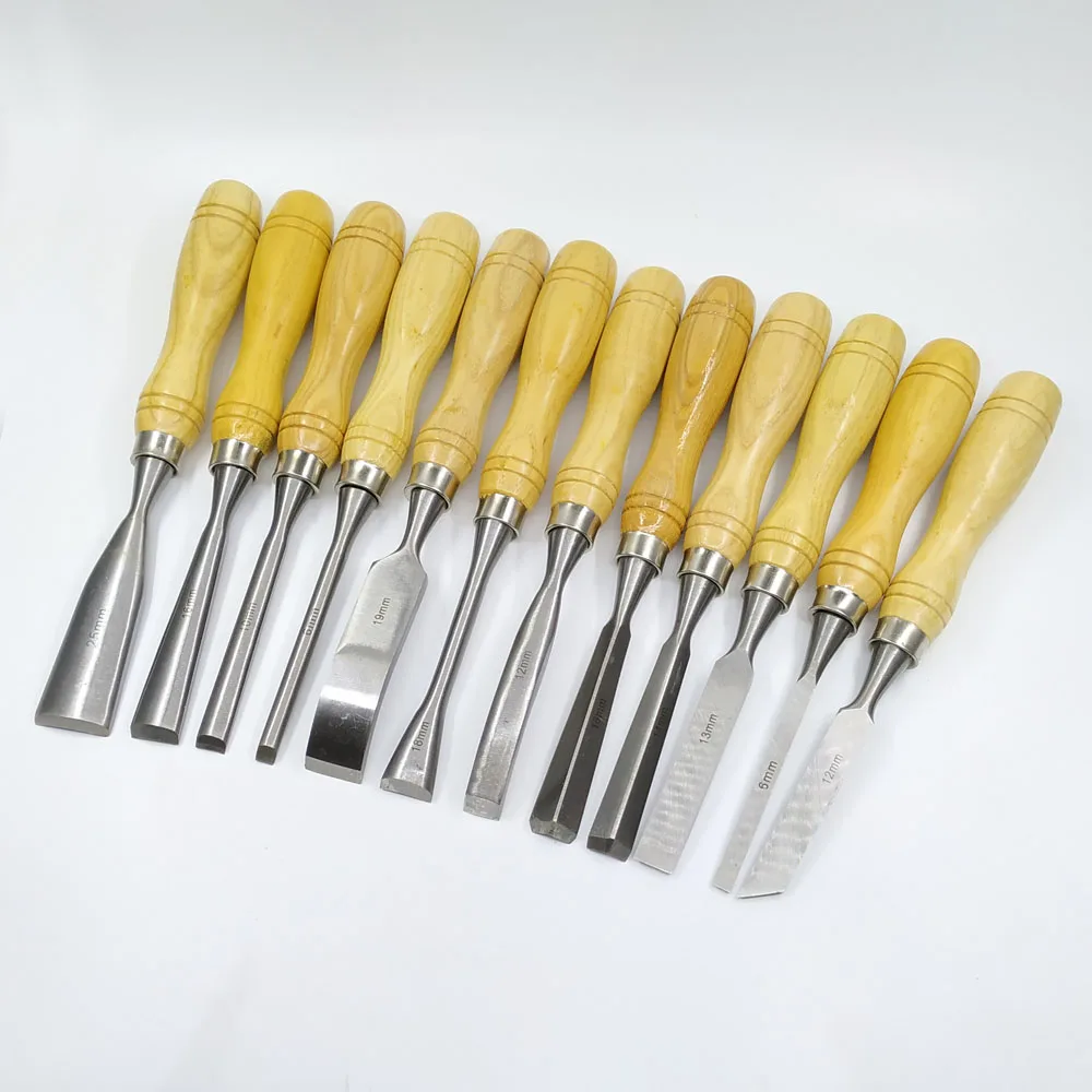 12pcs  Wooden Handles CR-V Steel Blades  Carving Chisel Set