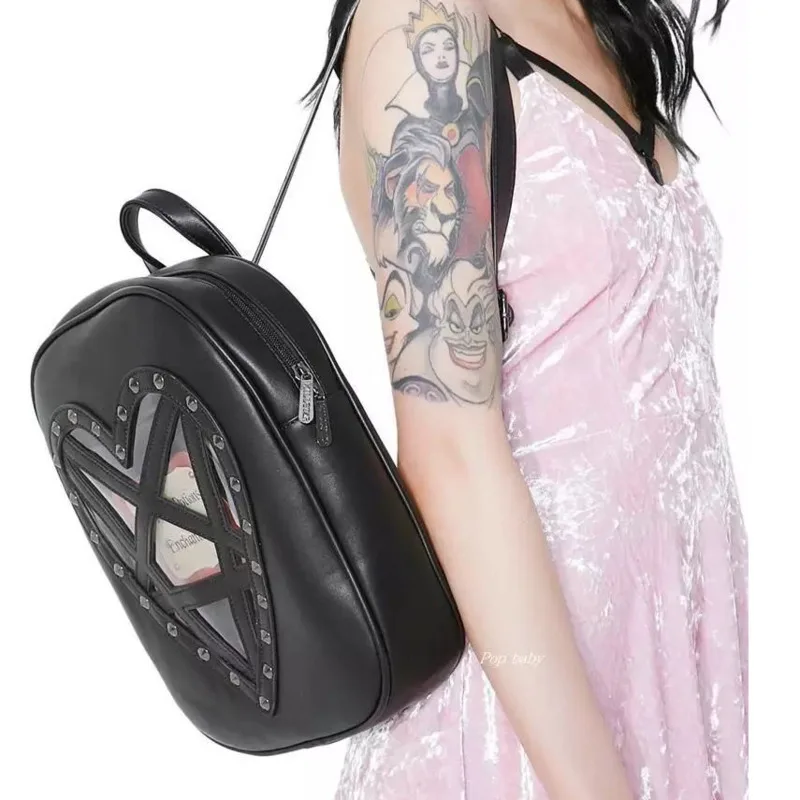 JIEROTYX Women Heart Shaped Backpack Gothic Pu Leather Rivet Punk Pentagram Medium Good Quality Black Casual Rock Bag On Sale